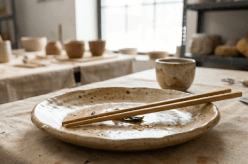 assiette en céramique faite main et plat asiatique atelier Héauville
